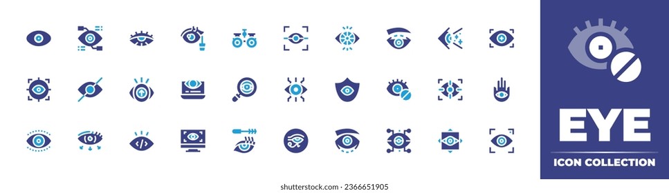 Eye icon collection. Duotone color. Vector illustration. Containing test, retinal scan, search, view, eye, bionic, mascara, horus, target, prohibition, vision, focus, hamsa, philosophy.