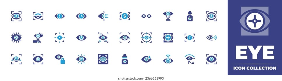 Eye icon collection. Duotone color. Vector illustration. Containing eye, vision, visibility, refraction, scanner, scan, dropper, lens, eye of ra, recognition, eyes, tracking.