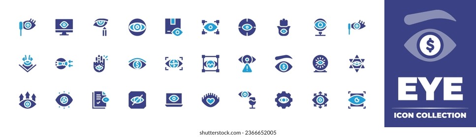 Colección de iconos oculares. Color de duotona. Ilustración vectorial. Conteniendo vista, visión, delineador ocular, mano, auditoría, paquete, visión estratégica, rímel, computadora, investigación, amor, espía, ciego, refracción.