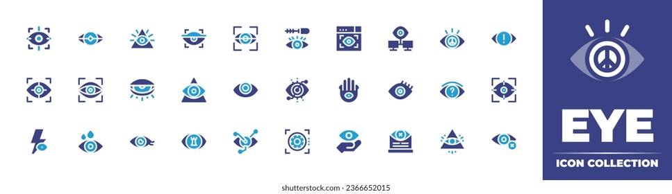 Eye icon collection. Duotone color. Vector illustration. Containing scan, illuminati, eye, strategy, swollen, wrinkles, mascara,  scanner, bionic eye, red eyes, drops, vision, privacy.