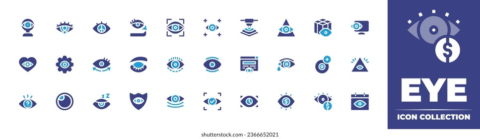 Colección de iconos oculares. Color de duotona. Ilustración vectorial. Conteniendo masaje ocular, somnolencia, ojo, seguimiento ocular, observación, llanto, arrugas, corazón, visión, rastreo, previsualización, oftalmología, dios, moneda