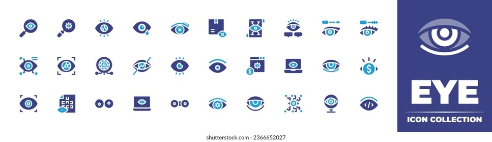 Eye icon collection. Duotone color. Vector illustration. Containing tear, infection, eye, vision, googly eyes, package, investigation, monitoring, contact lens, scanner,  recognition, eye scan.