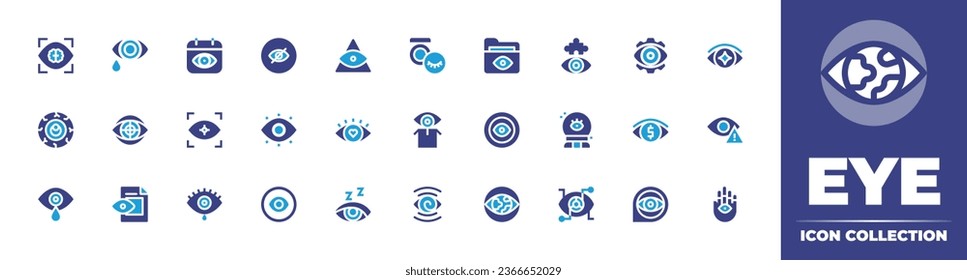 Eye icon collection. Duotone color. Vector illustration. Containing eye, vision, tears, god, eyelashes, in love, check, insight, cry, drowsiness, hypnosis, fortune teller, halloween candy, visibility.