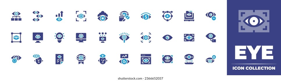 Colección de iconos oculares. Color de duotona. Ilustración vectorial. Con seguridad, monitoreo, visión, conciencia, archivo, contraseña, sin contacto, computadora, organización, visor, paranoia, vista, spyware, miopía.