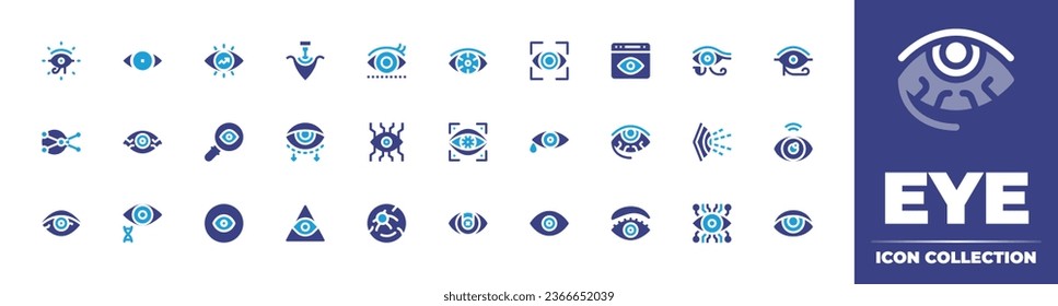 Eye icon collection. Duotone color. Vector illustration. Containing laser surgery, blepharoplasty, vision, freemasonry, eye, view, red eye, scan, bionic, eye of ra, ball, eyes, red eyes.