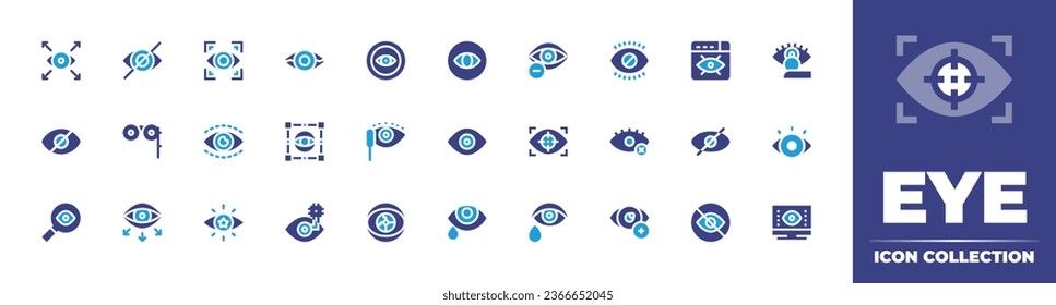 Eye icon collection. Duotone color. Vector illustration. Containing red eyes, eye scanner, eye, focus, view, mascara, vision, visual, blindness, bionic, cry, contact lens, hide, binoculars, search.
