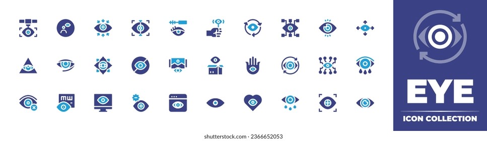 Eye icon collection. Duotone color. Vector illustration. Containing eye, tired, vision, eye test, engineering, teardrop, sync, hamsa, blindness, monitoring, tear, scan, look, visualization, chakra.