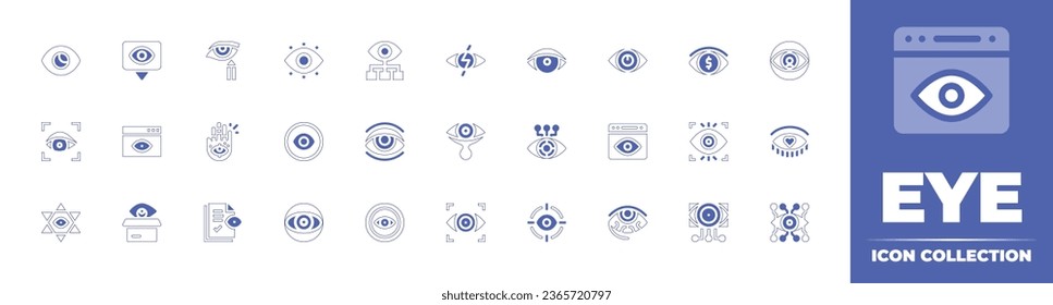 Colección de iconos oculares. Curso de línea de estilo duotónico y negrita. Ilustración vectorial. Con ojos, ojos rojos, ojos rojos, ojos, ciberojo, seguridad, identificación, vista, enfoque, iluminación, cheque, delineador.