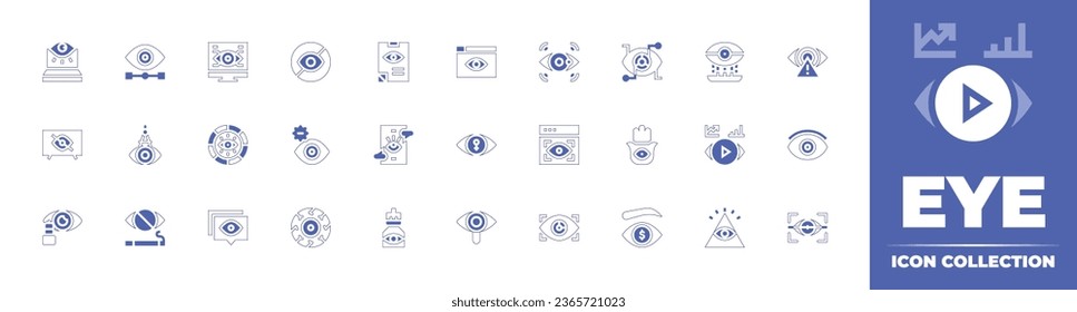Eye icon collection. Duotone style line stroke and bold. Vector illustration. Containing cyber security, vision, hamsa, view, money, god, spyware, focus, alert, feminism, visible, visibility, show.