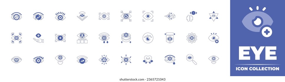 Eye icon collection. Duotone style line stroke and bold. Vector illustration. Containing eye, vision, contact lens, view, crying, blepharoplasty, blind, consultant, brain, standard, visual.