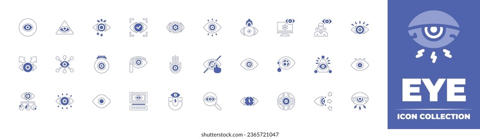 Sammlung von Augen-Symbolen. Duotone Stil Linie Strich und fett. Vektorgrafik. Bionisch, Sicht, Auge, Sicht, Visionär, rotes Auge, Sichtbarkeit, Schatten, Hamsa, Dont-Touch, diagnostische