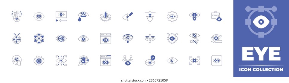 Eye icon collection. Duotone style line stroke and bold. Vector illustration. Containing setting, blind, vector, vision, visible, show, laser surgery, briefcase, cry, buddhism, eyeliner, prevention.
