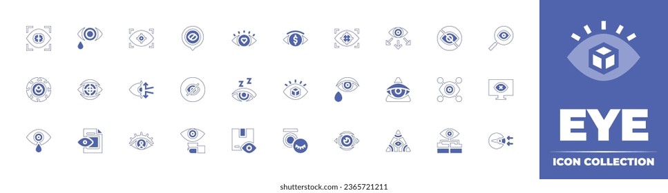 Eye icon collection. Duotone style line stroke and bold. Vector illustration. Containing supervision, hidden, prediction, artificial intelligence, god, monitoring, money, vision, insight, cry.