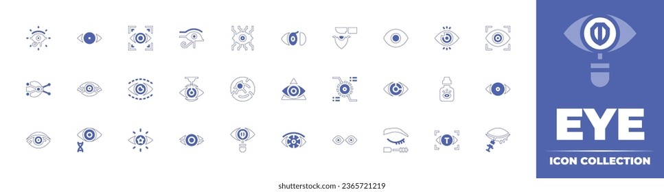 Eye icon collection. Duotone style line stroke and bold. Vector illustration. Containing scan, dropper, mascara, eye, lens, surgery, recognition, bionic, red eye, eyes.