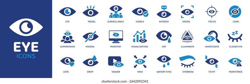 Olho - Coleção de Ícones. O conjunto de linhas finas contém ícones como olho, íris, pupila, retina, visão, visão, piscar e muito mais. Conjunto de ícones simples da Web.