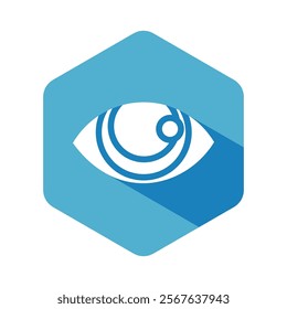 Eye icon design, human eyes vector illustration, sense of vision, blue hexagon icon, flat design with long shadow
