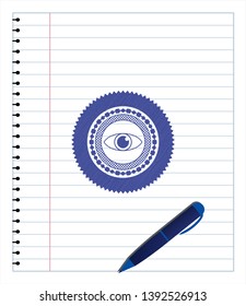 eye icon draw with pen effect. Blue ink. Vector Illustration. Detailed.