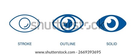 Eye icon with editable stroke, outline and solid styles. Vector icon for vision, eye health, view and tracking.
