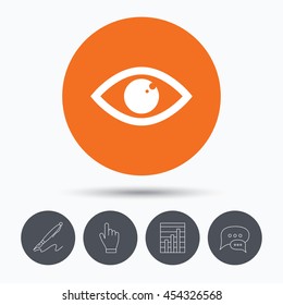 Eye icon. Eyeball vision symbol. Speech bubbles. Pen, hand click and chart. Orange circle button with icon. Vector
