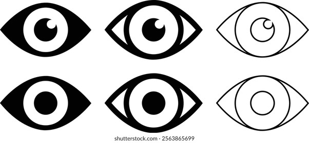 Eye icon in flat line set. Eyesight symbol vector for apps or website. Retina, cornea scan eye icons. Simple eyes silhouette see view vision sight look sign isolated on transparent background