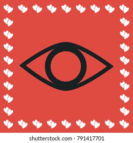 Eye icon flat. Simple black pictogram on red background with white hearts for valentines day. Vector illustration symbol