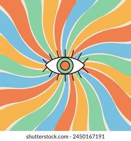 Icono de ojo. Arrollador colorido retro estallido de sol con rayo de luz. Fondo Abstractas con el sol colorido en los años 60, estilo hippie de los años 70. Impresión gráfica de moda. Plantilla soleada. Diseño plano. Vector