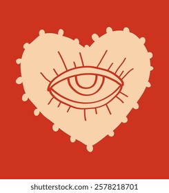 Eye icon in heart shape. Line art vector illustration on red background.