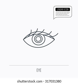Eye icon. Human vision sign. Ophthalmology symbol. Linear outline icon. Speech bubble of dotted line. Vector