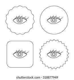 Eye icon. Human vision sign. Ophthalmology symbol. Flat circle, star and emblem buttons. Labels design. Vector