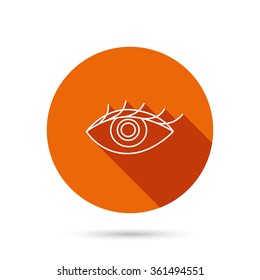 Eye icon. Human vision sign. Ophthalmology symbol. Round orange web button with shadow.