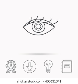 Eye icon. Human vision sign. Ophthalmology symbol. Download arrow, lamp, learn book and award medal icons.