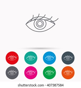 Eye icon. Human vision sign. Ophthalmology symbol. Linear icons in circles on white background.