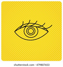 Eye icon. Human vision sign. Ophthalmology symbol. Linear icon on orange background. Vector