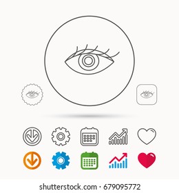 Eye icon. Human vision sign. Ophthalmology symbol. Calendar, Graph chart and Cogwheel signs. Download and Heart love linear web icons. Vector
