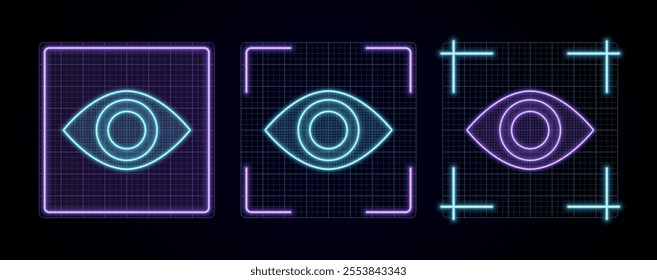 Eye icon illustration, cyber neon visual, glowing border grid vector.
