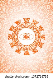 eye icon inside abstract emblem, orange mosaic background