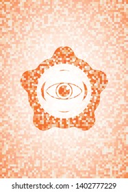 eye icon inside abstract emblem, orange mosaic background