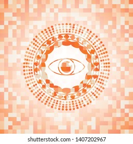 eye icon inside abstract emblem, orange mosaic background
