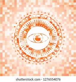 eye icon inside abstract orange mosaic emblem with background