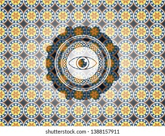 eye icon inside arabesque emblem background. arabic decoration.