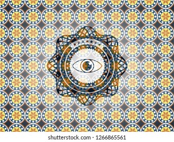eye icon inside arabic badge. Arabesque decoration.