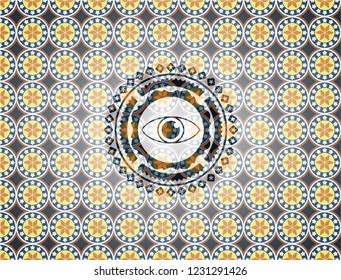 eye icon inside arabic style emblem. Arabesque decoration.