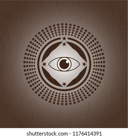 eye icon inside badge with wood background