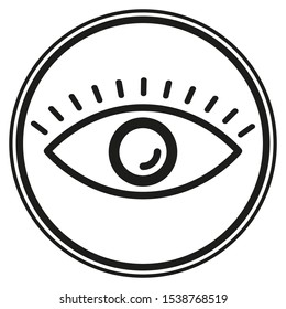 Eye icon inside a black circle on white background. Vector illustration