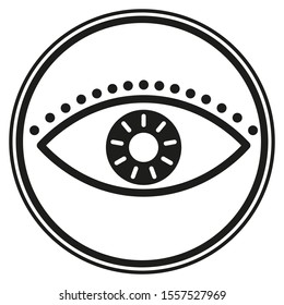 Eye icon inside a black circle on white background. Vector illustration
