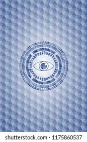 eye icon inside blue badge with geometric background.