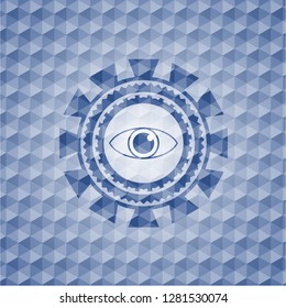 eye icon inside blue badge with geometric pattern.