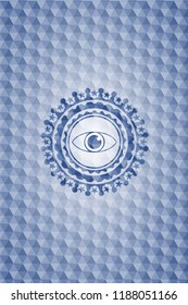 eye icon inside blue emblem or badge with abstract geometric pattern background.