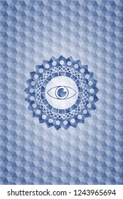 eye icon inside blue emblem with geometric pattern background.