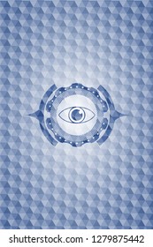 eye icon inside blue emblem with geometric background.